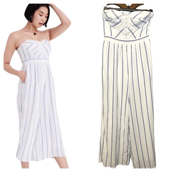 AEO Bustier Jumpsuit Striped Strapless White Beach Boho Nautical Womens XS - Picture 1 of 10
